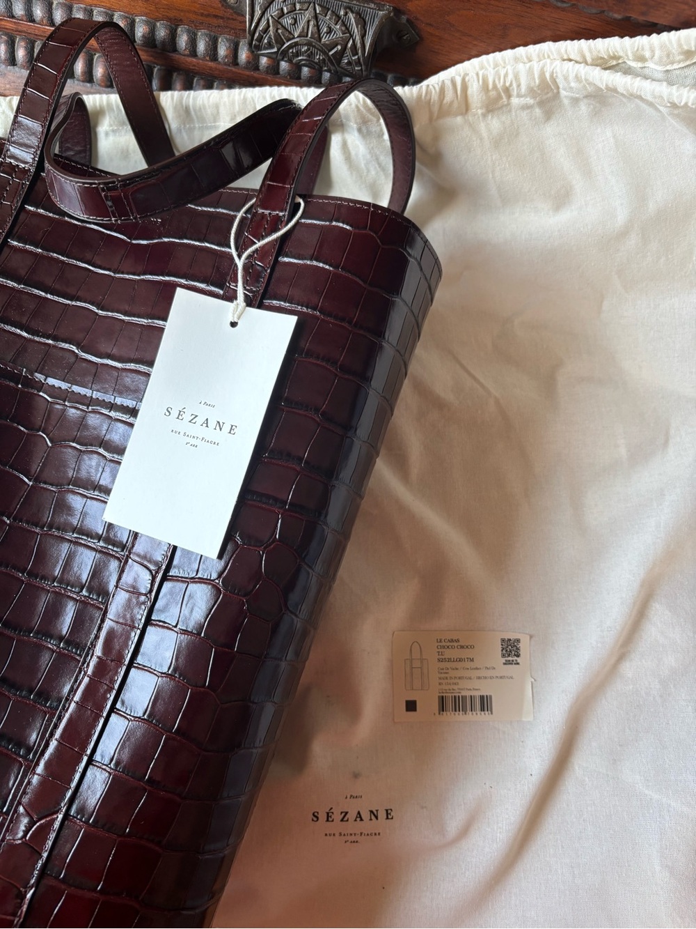 Sezane The Tote Croc-Embossed Leather Tote in Dark Brown - Picture 8 of 11
